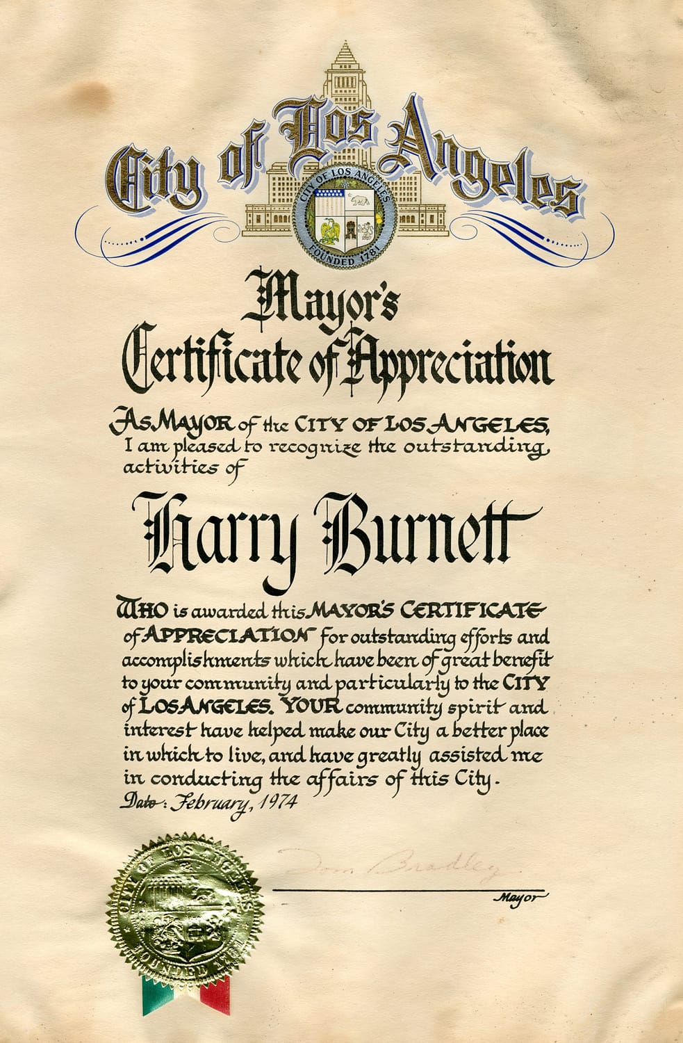 City of Los Angeles Certificate of Appreciation signed by Mayor Tom Bradley to Harry Burnett