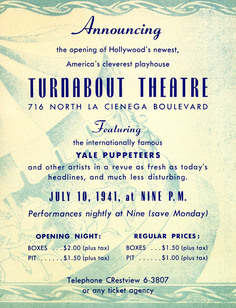 Yale Puppeteers Turnabout Theatre Opening Announcement on cardstock