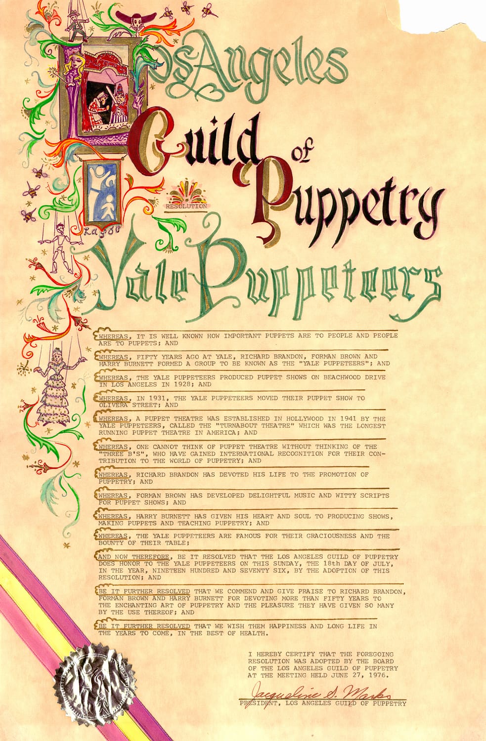Los Angeles Guild of Puppetry Proclamation Certificate
